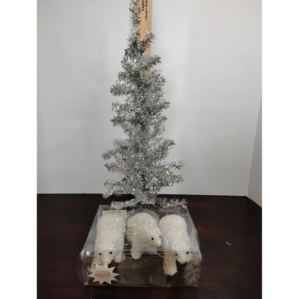 Silver Tinsel Tabletop Christmas Tree 20in and 3 White Polar Bear Ornaments Set